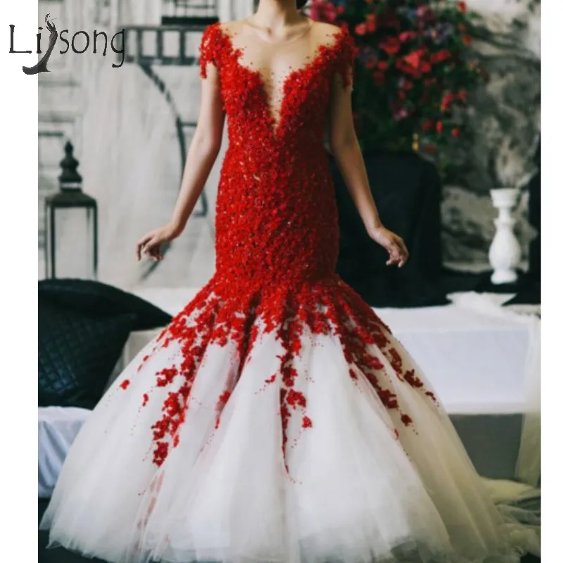 

Vintage Long Mermaid Prom Gowns 2018 Red Lace With White Tulle Prom Dresses Short Sleeves Abendkleider Vestido De Festa Longo