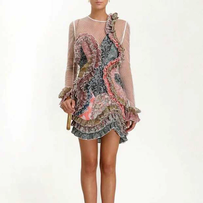 

2019 Runway Designer Elegant Woman Mini Dress Ruffles High Waist Long Sleeve Mesh Patchwork Dress Holiday Vacation Dresses