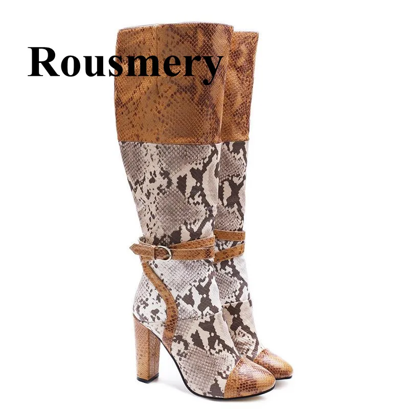 

Brown Snakeskin Pattern Side Zipper Round Toe Square Heel Patchwork Fashion Winter Women Boots High Quality Normal Size