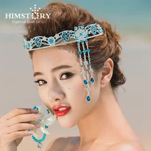 HIMSTORY Greaceful Blue Crystal Bridal Wedding Crown Tiaras,Long Tassel Married Jewelry Wedding Hairwear Hair Accessory
