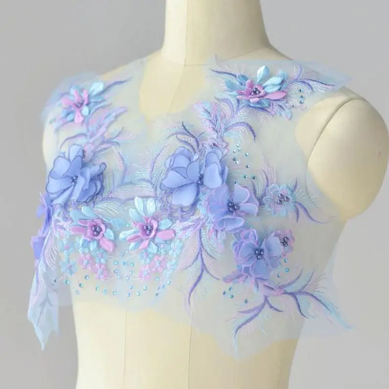 

1 piece light blue 3d flowers motif lace applique, heavy bead lace applique, 3D lace applique with rhinestones, 3d floral