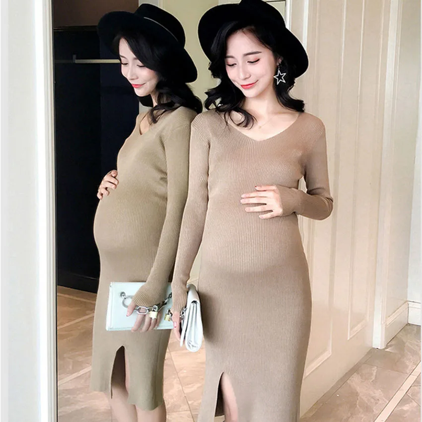 

Maternity Clothes for Pregnant Woman Dress A-line V-neck Tight Dress Casual Wear Maternity Dresses Solid Knitted Clothing