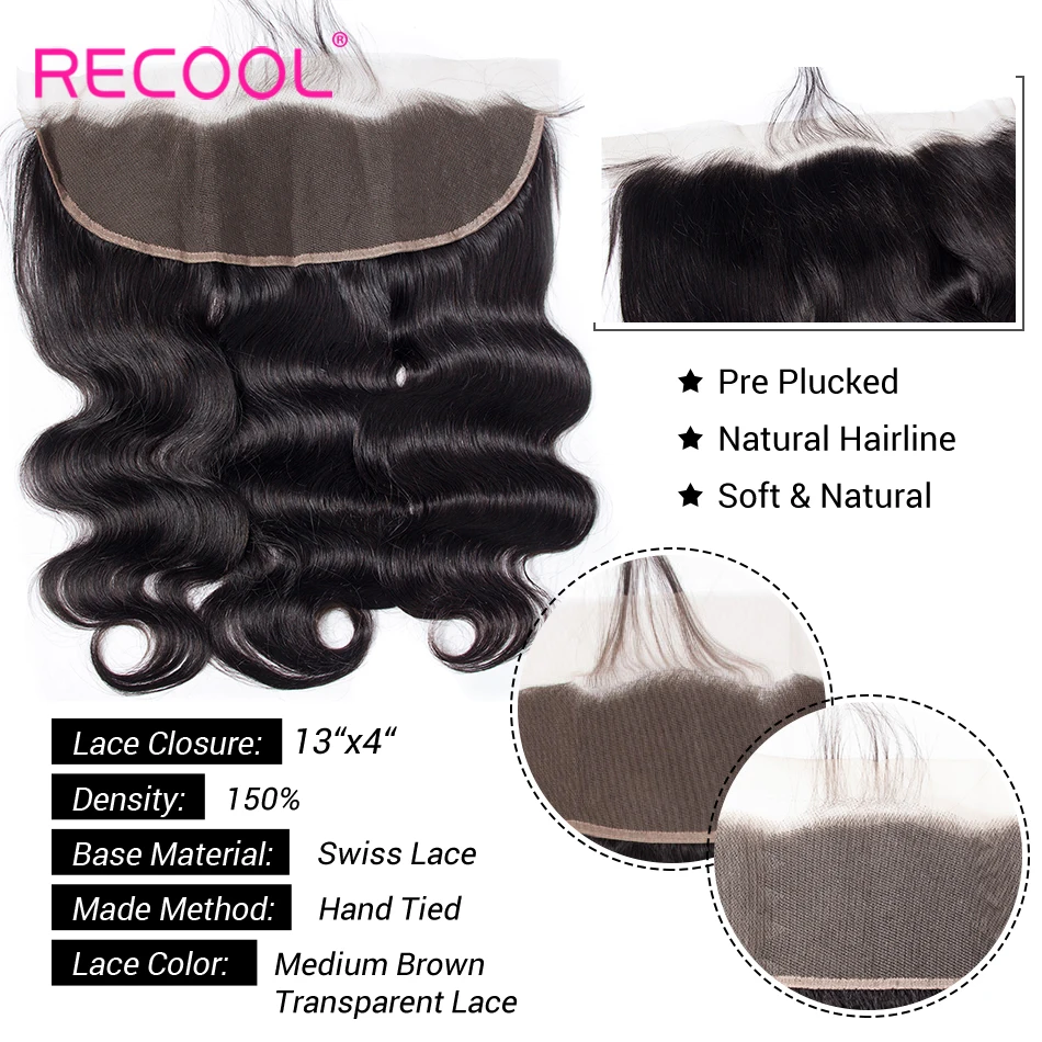 Recool Hair HD прозрачное фронтальное закрытие шнурка с детскими волосами бразильская объемная волна швейцарское кружево человеческие волосы фронтальное закрытие шнурка