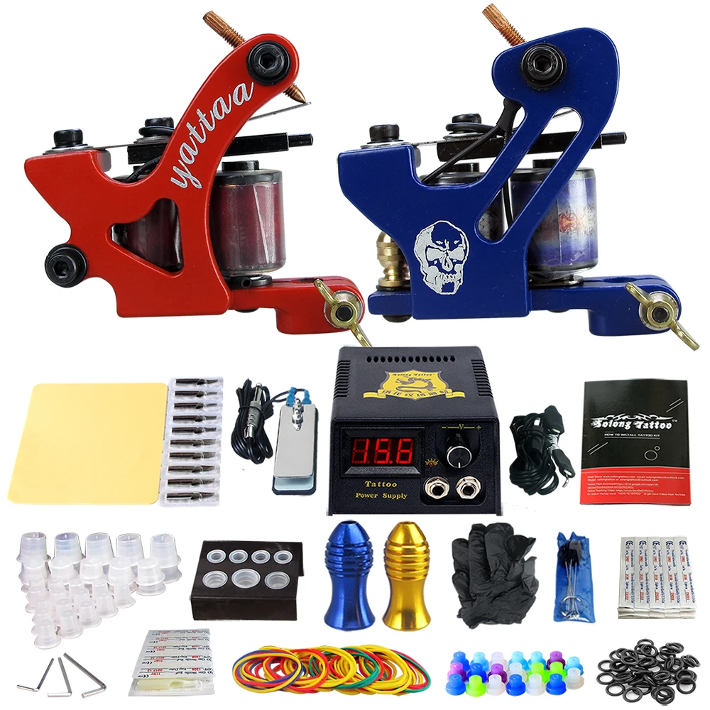 

Beginner Tattoo Kit 2 Pro Machine Guns Power Box Set Needle Grip Tip TK202-34