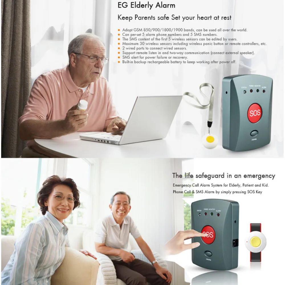 Wolf-Guard 007EG Wireless GSM SMS Elderly SOS Button Panel One Key Alarm Elder Children Two-Way Speaking for Home Alarm System