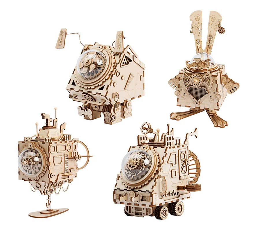 

Creative DIY 3D Steampunk Rabbit Wooden Puzzle Game Assembly Music Box Toy Gift for Children Teens Adult Wood Assembly Model.