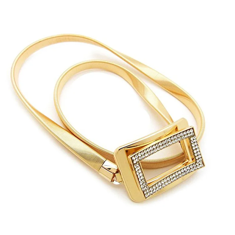 

Woman Elastic Metal Chain Rhinestone Belts for dresses 3D Square Buckle Gold & Silver Belts For Women Cinto Feminino bg-254