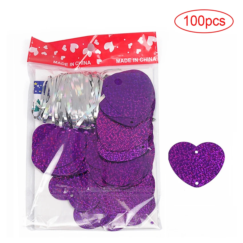 100 шт блестящее сердце картон карты шары в виде сердца подвеска на ленте свадебные шары для украшения вечерние принадлежности - Цвет: B-Purple