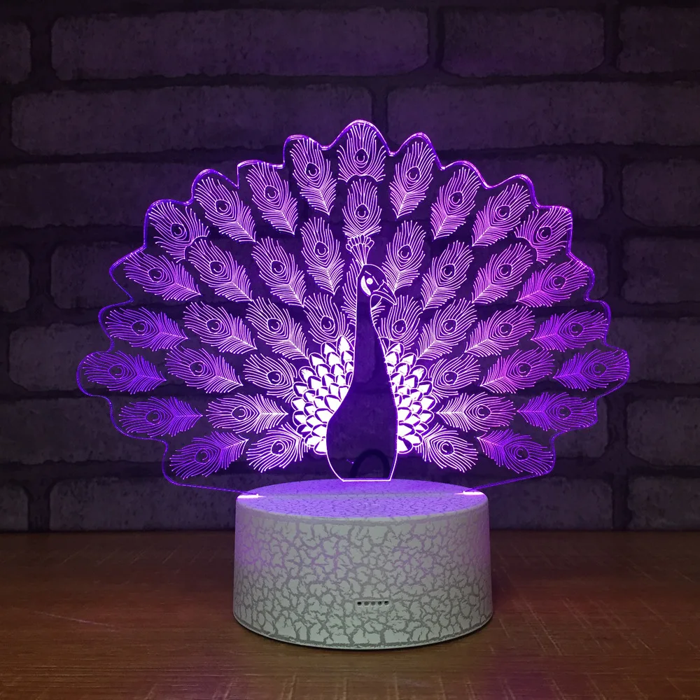 Peacock Night Light Lamp 3D LED Lamp 7 Colorful Table Lamp For Kids Christmas Gift White Base with Touch Switch / Remote