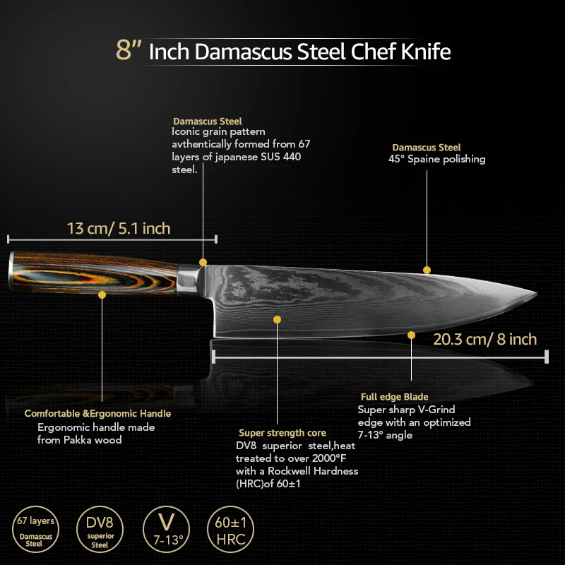 Damascus Knives DV8 67 Layer Chef Knife Japanese Kitchen Knife Damascus Stainless Steel Knives Ultra Sharp Micarta Handle Damascus Knives DV8 67 Layer Chef Knife Japanese Kitchen Knife Damascus Stainless Steel Knives Ultra Sharp Micarta Handle