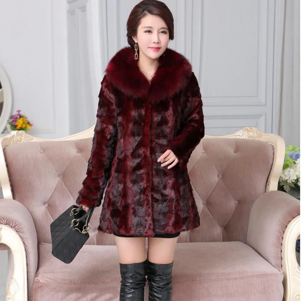 genuine real mink fur coats for women plus size 4xl with fox fur collar