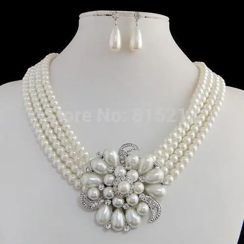 

ddh001054 ridal Flower 4 Layers White Pearl Chain Necklace Earrings Set Austrian Crystal