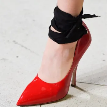 

Runway Designer Lace Up Heel Red Pumps Pointed Toe High Heels Shoes Woman Ankle Strap Patent Leather Pumps Women Shoes Wedding