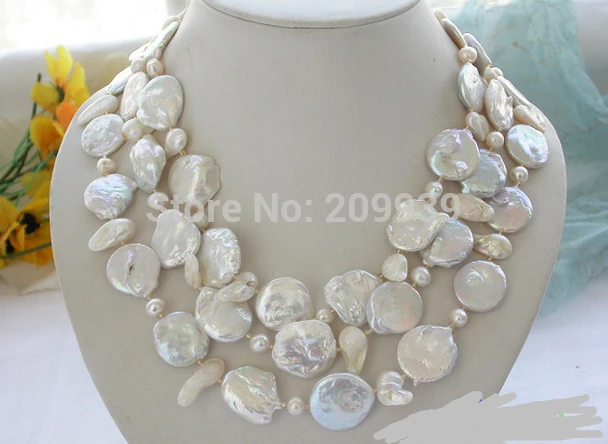 

FREE SHIPPING>>>@@ AS1020 3row 18" white coin baroque freshwater cultured pearl necklace