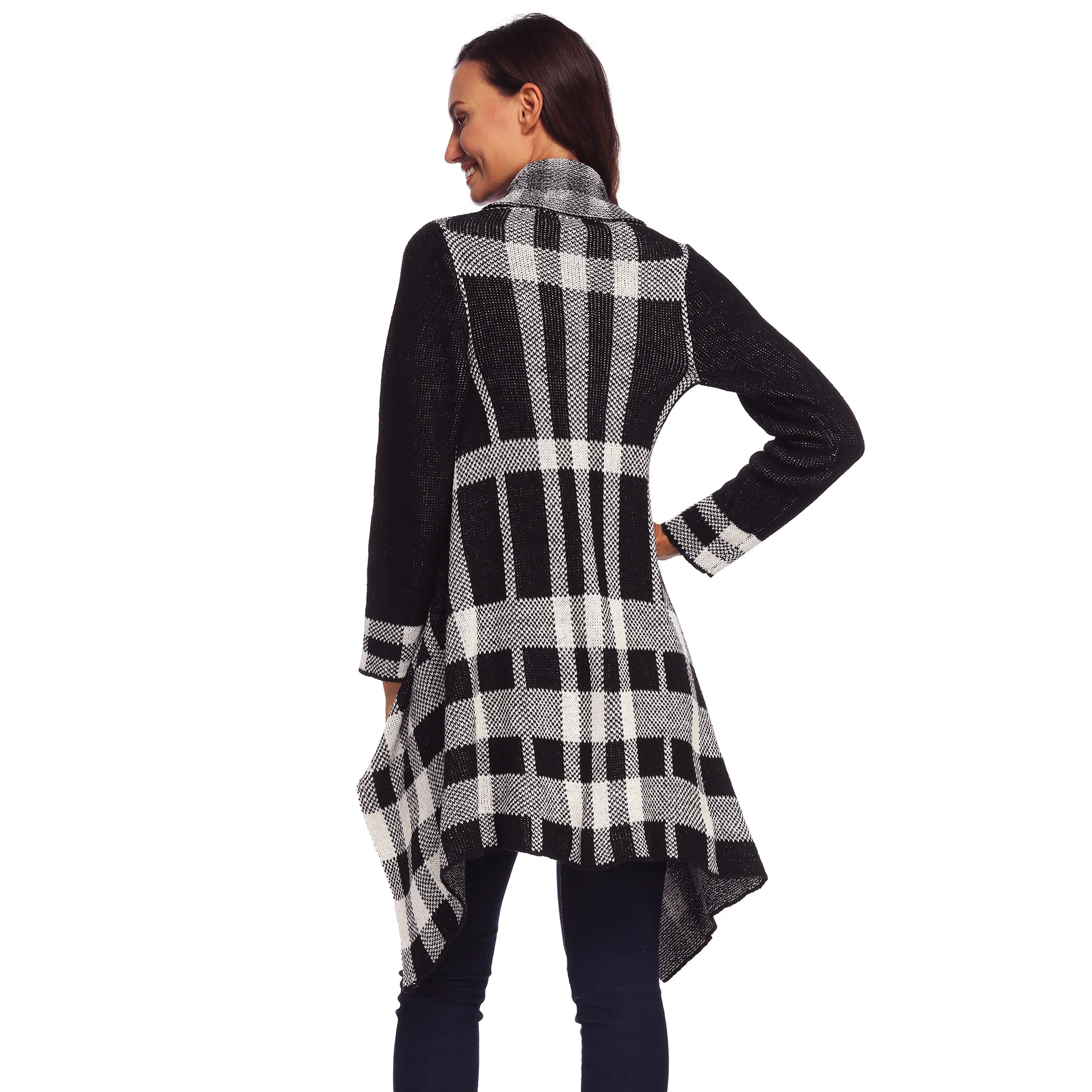 women fashion plaid long sweater Winter cardigan woolen sweaters button opening black/white woven knit outwear long sweater Sweaters
