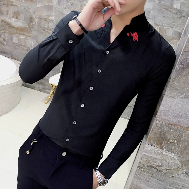 Рубашка с цветочной вышивкой, Camisa Hombre, Клубные, вечерние, свадебные, Chemise Homme Camisa Masculina, рубашка с длинным рукавом, мужская одежда - Цвет: Black