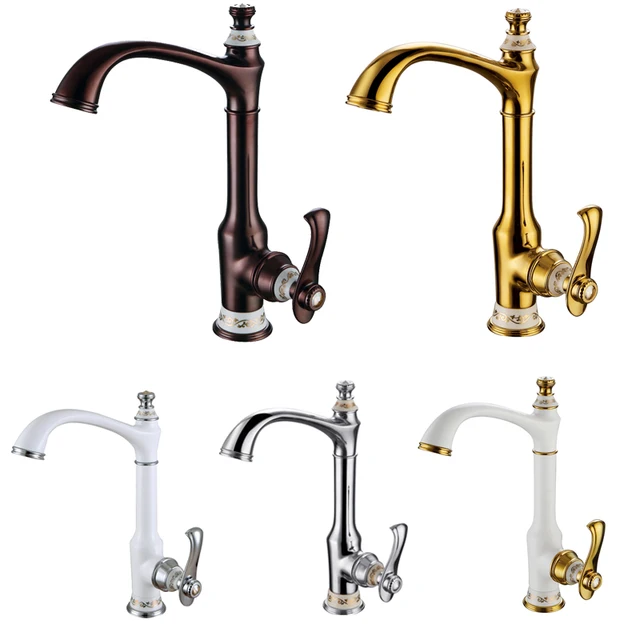 Cheap European Antique Wash Basin Sink Faucet Hot & Cold Copper Metallic Paint Gilded Side Pattern Kitchen Faucet KL-22