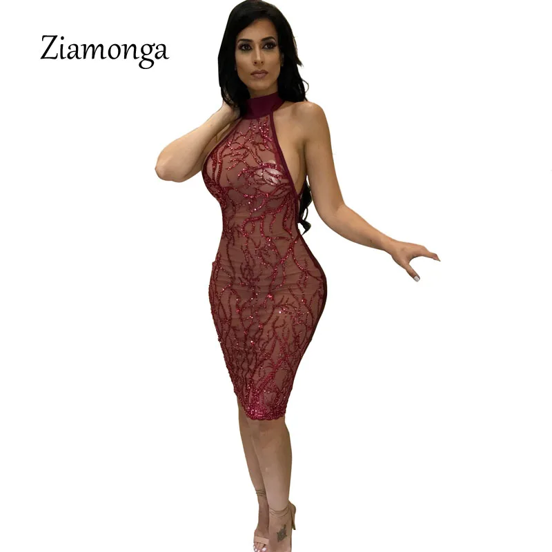 Ziamonga Summer Women Sexy Club Bodycon Dress Sheer Mesh Patchwork 