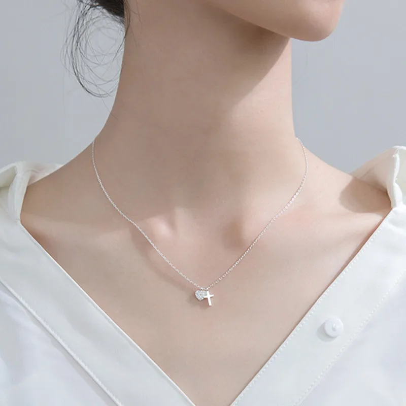 INZATT Real 925 Sterling Silver Zircon Heart Cross Pendant Choker Necklace For Fashion Women Fine Jewelry Cute Accessories