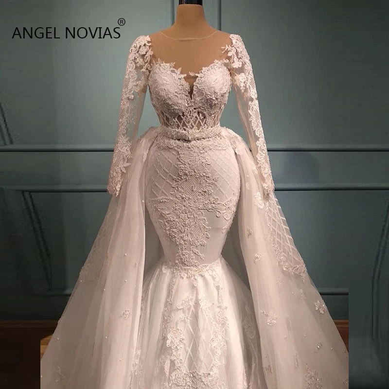 Custom Made Lange Mouwen White Lace Mermaid Trouwjurken 2019 met Afneembare Rok Boho Bruidsjurken Vestidos De Noiva 2019 Custom Made Lange Mouwen White Lace Mermaid Trouwjurken 2019 met Afneembare Rok Boho Bruidsjurken Vestidos De Noiva 2019