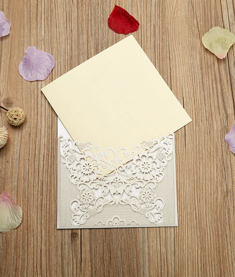  White Lace Wedding Invitation Card Laser Cutting Invitation With Envelope - Set of 50 - 32861062926