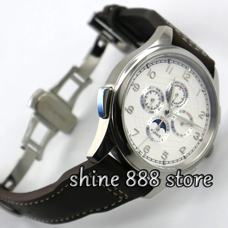 

Parnis watch 44mm White dial deployant clasp Silver hands Moon Phase week and date Multifunction Automatic movement Men's watch