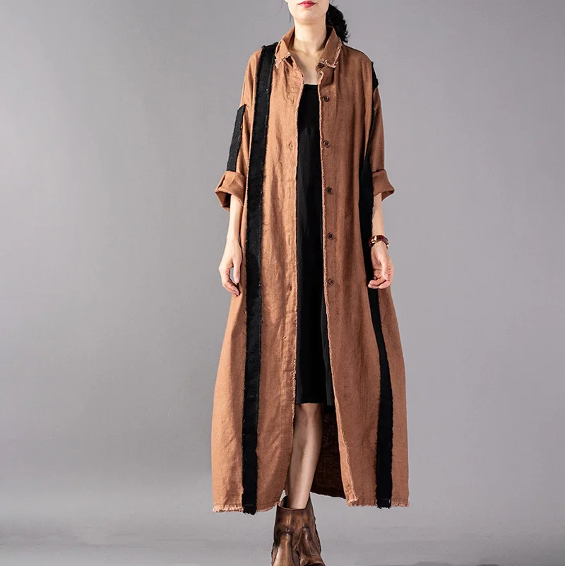 

[EWQ] 2019 New Spring Winter Fashion Lapel Long Sleeve Hit Color Single Breasted Loose Long Big Size Windbreaker Women JH269