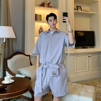 

Men Summer Waist Bag Belt Short Sleeve Loose Casual Shirt Jumpsuits Short Trousers Male Streetwear Hip Hop Overalls Pants
