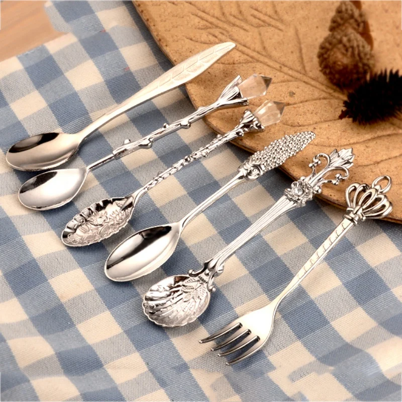 6pcs Mini Spoon Coffee Accessories Fork Royal Style Metal Carved Mini