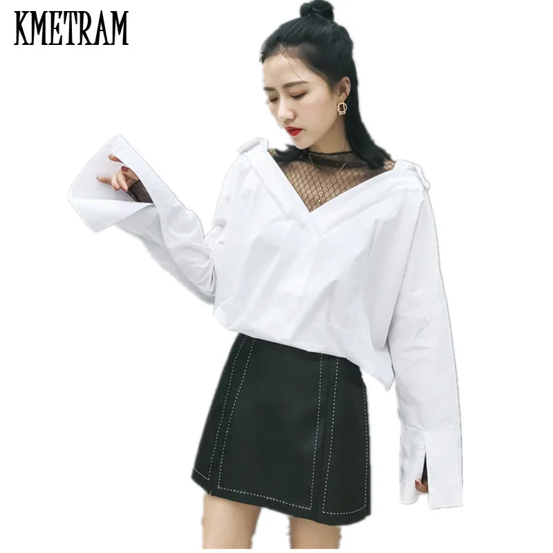 

2019 Women Blouses Fashion Cotton Blouse Spring Mesh Patchwork Tops Long Sleeve Shirt Womens Clothing Causal White Shirts YJZ079
