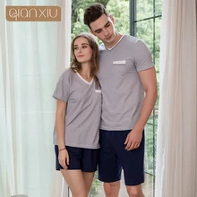 Летняя брендовая Домашняя одежда, повседневные хлопковые Пижамные комплекты для пар, женская футболка с v-образным вырезом и воротником+ шорты, женский полосатый Пижамный костюм