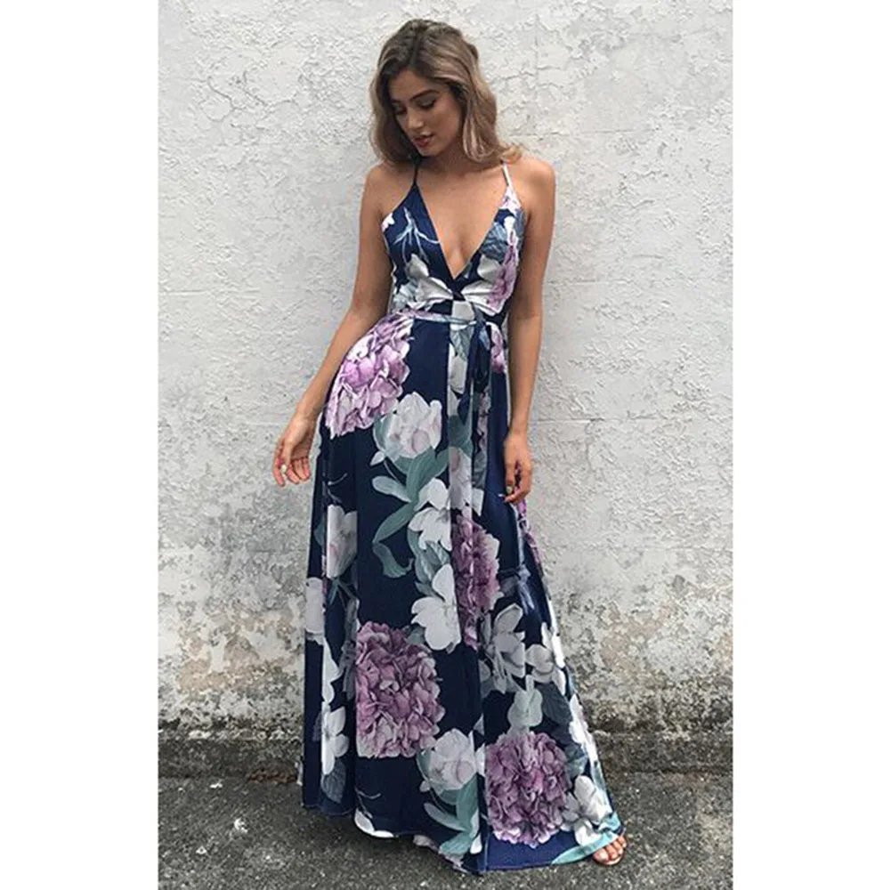 

2019 Summer Flower Spaghetti Strap Sexy V Neck Long Dress Female Bowknot Belt Backless Chiffon Dress Elegant Elegant Party Dress