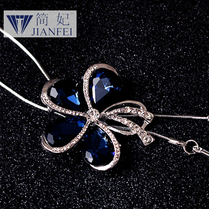 

Blue quinquefolia Shape Fashion elegant sweater chain long crystal snow pendant water drop accessories long decoration necklace6