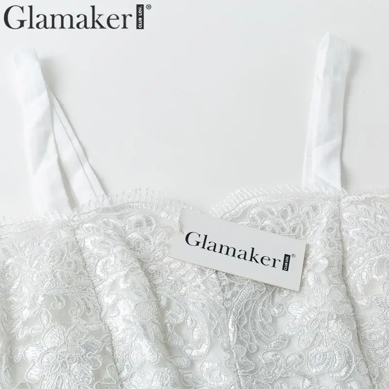 Glamaker, сексуальный сетчатый прозрачный сарафан с вышивкой, женское элегантное белое вечернее платье, летнее облегающее платье с высокой талией, платья без рукавов