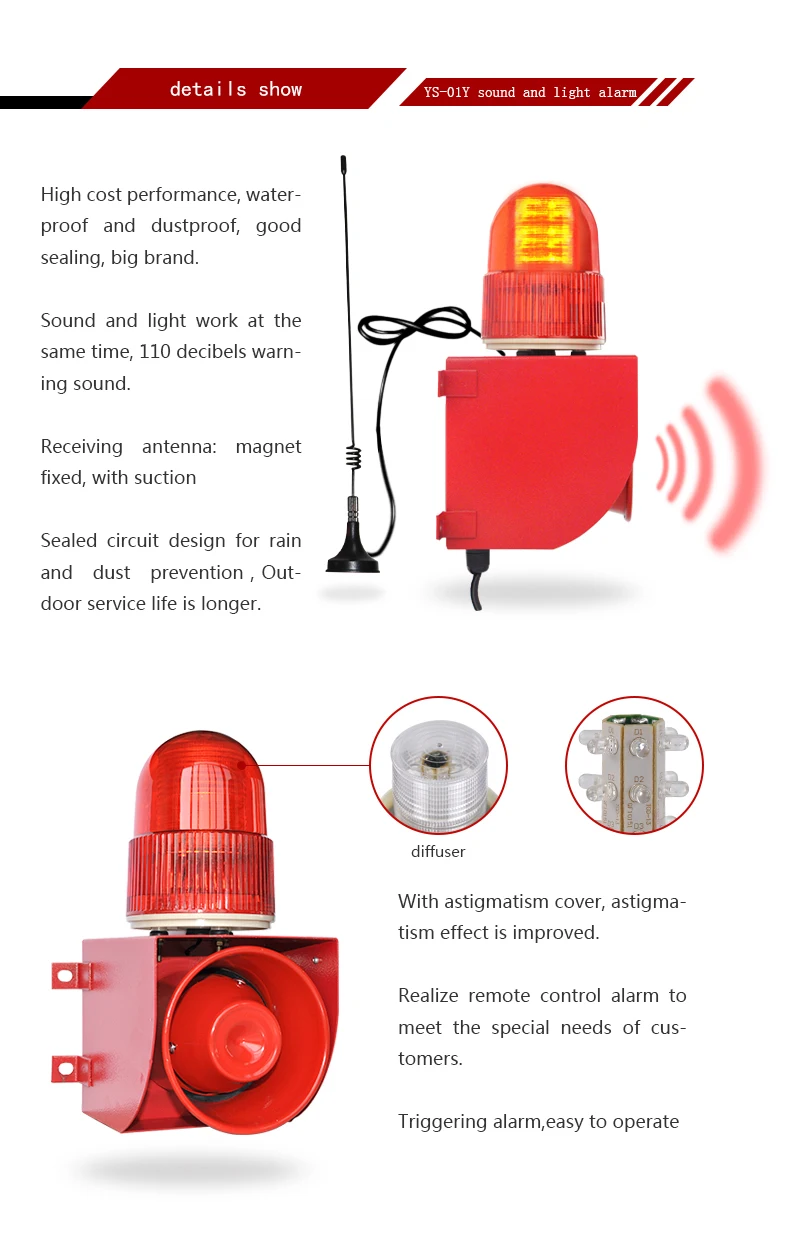 YS-01Y, звуковой и светильник, сигнализация, 115 дБ, сирена, Аварийная сигнализация, промышленная сигнализация, комплект, мигающий светильник, охранная сигнализация, беспроводное управление