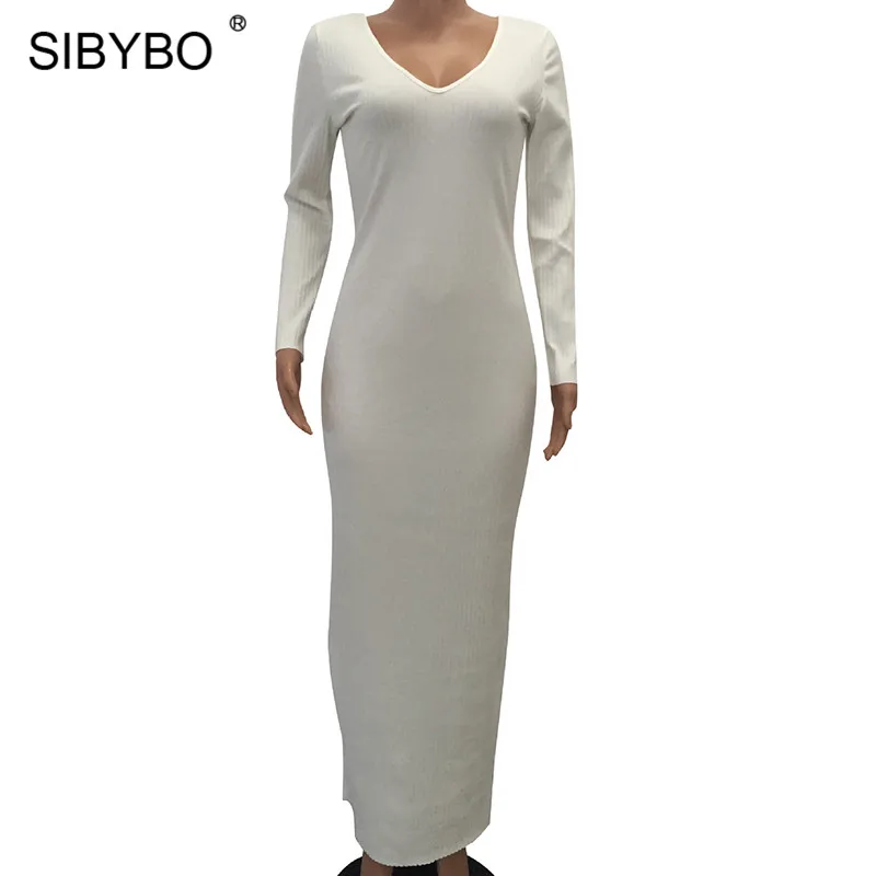 Sibybo/осеннее Хлопковое платье с длинным рукавом для женщин; модное прямое сексуальное длинное платье с v-образным вырезом; вечерние Зимние Повседневные платья макси Vestidos