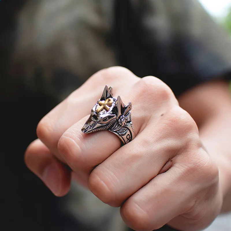 SLZBCY Stainless Steel Egypt Cross Anubis God Finger Rings For Men Women Punk Wolf Head Knuckle Ring Statement Retro Jewelry SLZBCY Stainless Steel Egypt Cross Anubis God Finger Rings For Men Women Punk Wolf Head Knuckle Ring Statement Retro Jewelry