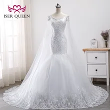 Вышивка бисером и Кепка с блестками рукав с обертыванием Кружева Русалка Свадебные платья Новые Роскошные Большие размеры чистый белый WX0011