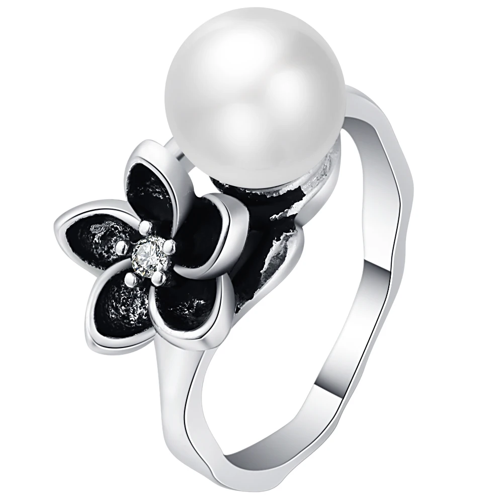 pearl ring for women wedding band CZ stone flower silver color engagement ring bridal