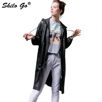 

SHILO GO Leather Coat Womens Autumn Fashion sheepskin genuine Leather long coat hooded tie collar concise loose zipper coat