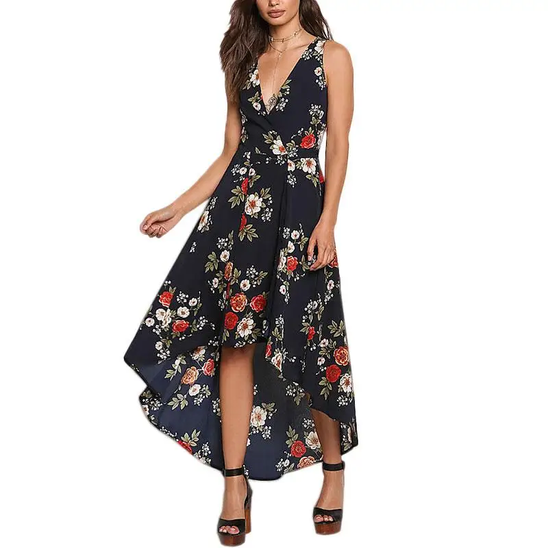 Boho Цветочный принт шифон Нерегулярные длинное платье женские пляжные летние