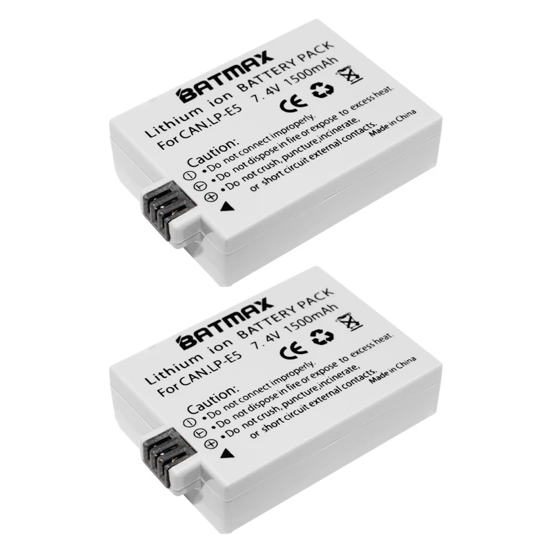 2 팩 1500mAh LP-E5 LPE5 LP E5 배터리 Canon EOS Rebel XS, Rebel T1i, Rebel XSi, 1000D, 500D, 450D, Kiss X3,X2, F