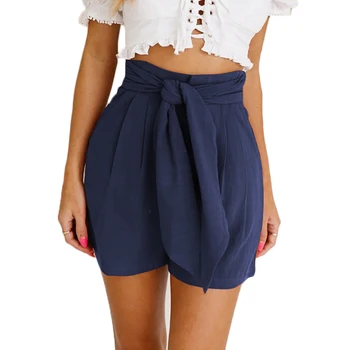 

2019 New Summer women solid bottoms shorts Fashion casual solid color high waist belted bandage wide leg Holiday Hot Pants XXL