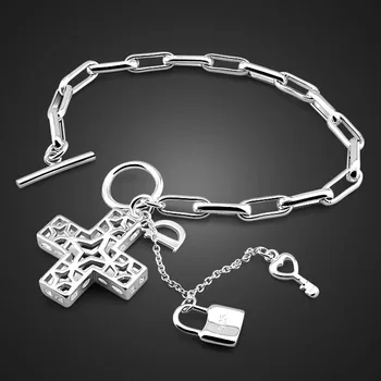 

High quality fashion silver chain bracelet for women.Solid 925 sterling silver hollow out cross pendant bracelet lady jewelry