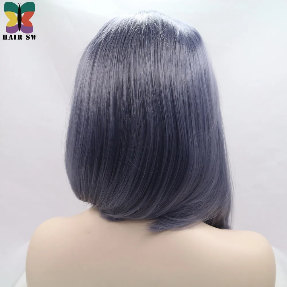 SW RAMBUT Pendek Lurus Renda Depan Wig Smokey Abu Abu Biru Tua