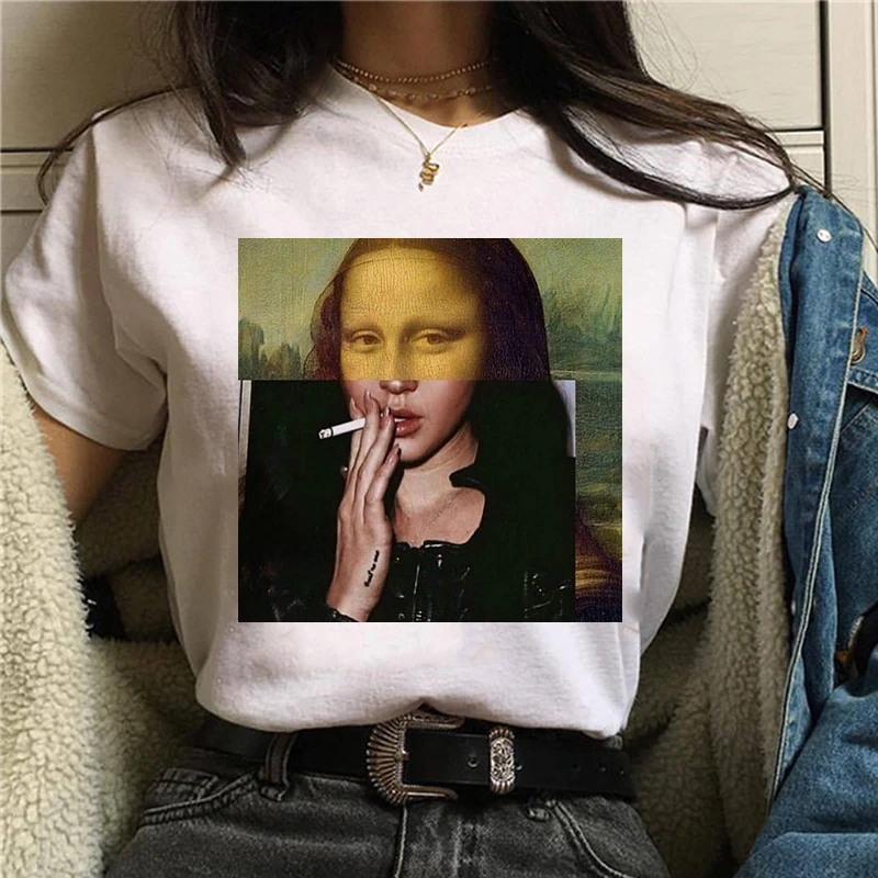 Mona Lisa/Забавные футболки в стиле Харадзюку для женщин, Винтажная футболка в стиле гранж, эстетическая футболка в Корейском стиле, футболка с героями мультфильмов, 90 s, женские футболки