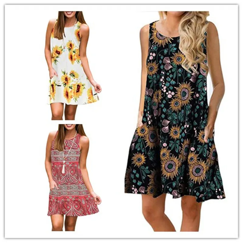 

Summer Print Sleeveless Tank Dress New 2019 Women Casual O-Neck Pockets A-Line Dress Plus Size S-2XL Loose Floral Dress Vestidos