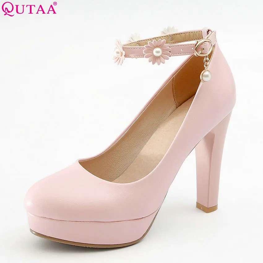 

QUTAA 2018 Women Pumps Women Shoes Platfiom Buckle Deisgn Pu Leather Casual Square High Heel Wedding Pumps Size 34-43