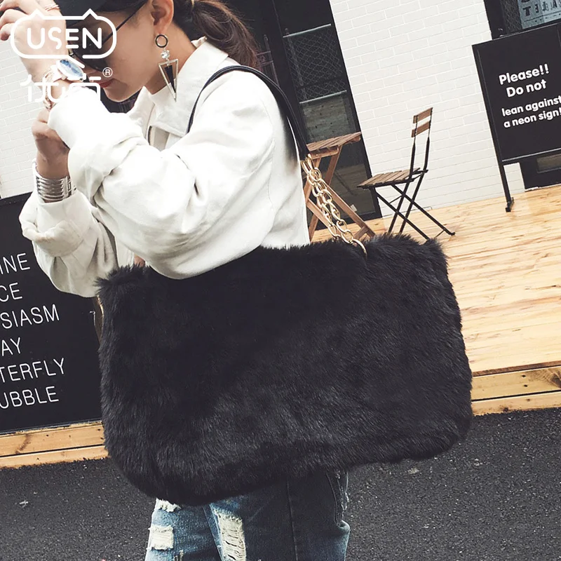 

Winter luxury faux fur tote big women bag high fashion natural soft hair lock handbags famous Spanish Brand designer hand bags