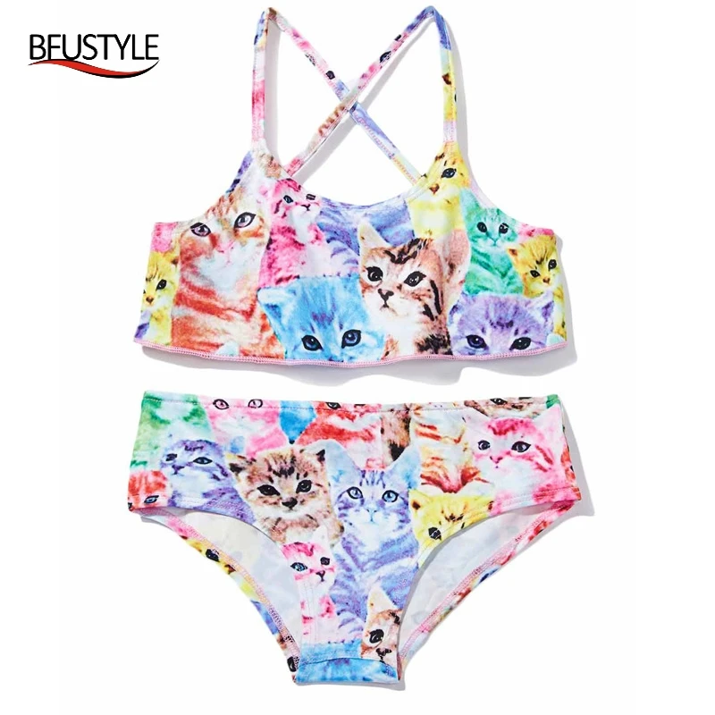 

2018 Cute Cartoon Colorful Cat Bikinis For Girl Baby Summer Swimwear 2-6T Beachwear Cross Strap Biquini Bathing Suits